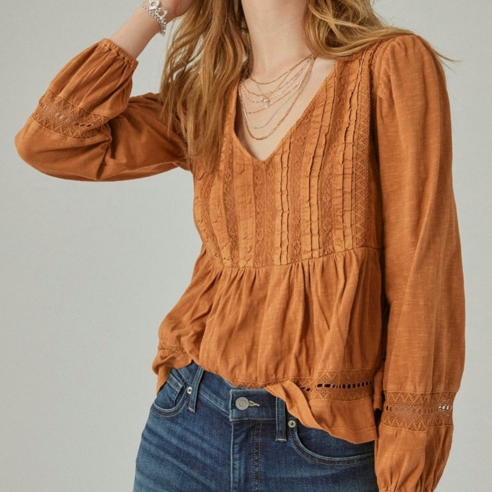 NWOT Lucky Brand Pintuck Lace Long Sleeve Top
